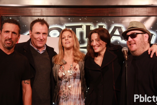 Photo of Rich Vos, Colin Quinn, Bonnie Bernstein, Bonnie McFarlane and Brian Fischler on stage after Laugh for Sight NYC